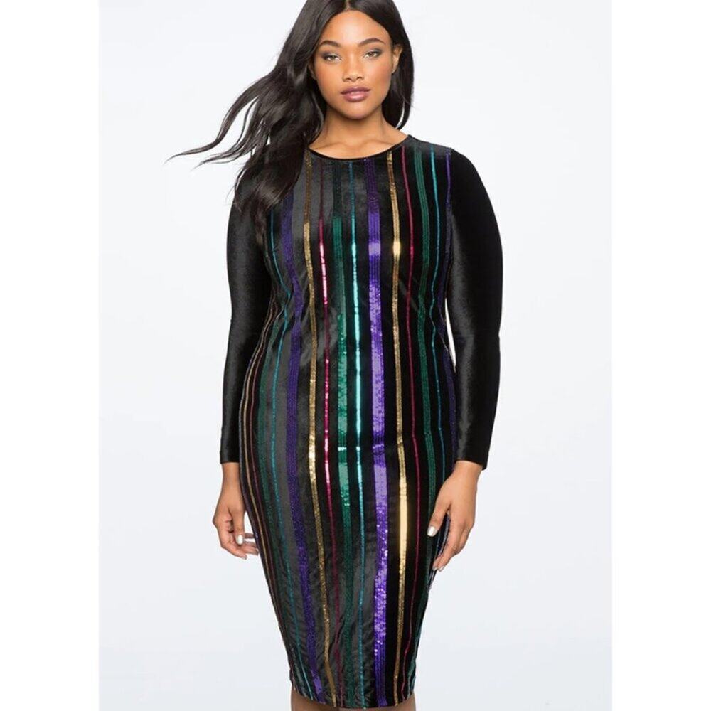 Eloquii Sequin Stripe Dress With Velvet Sleeves - EUC - 22W